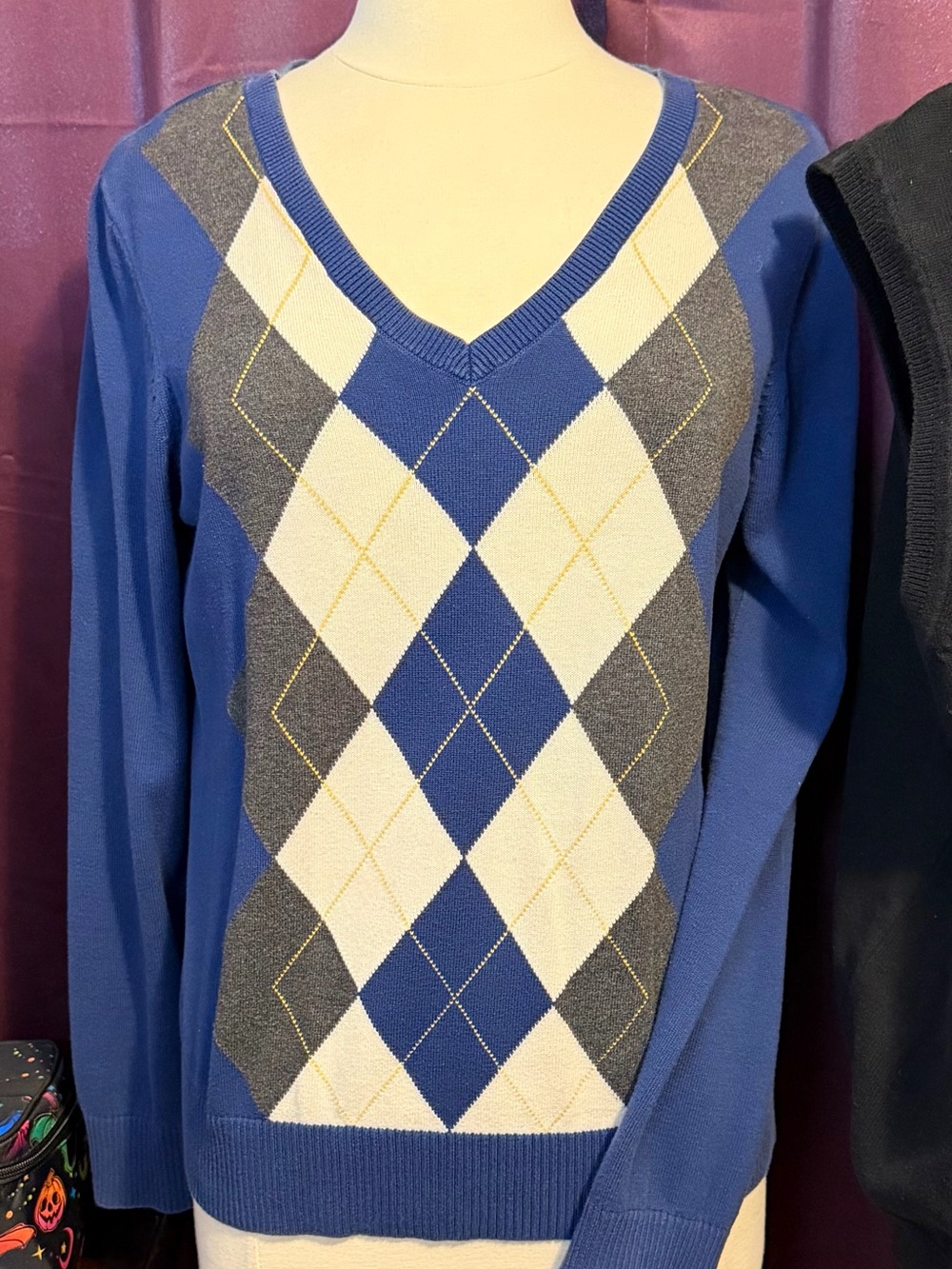 Izod Argyle Pull Over Cotton Knit V Neck Sweater Top Blue Cream Gray